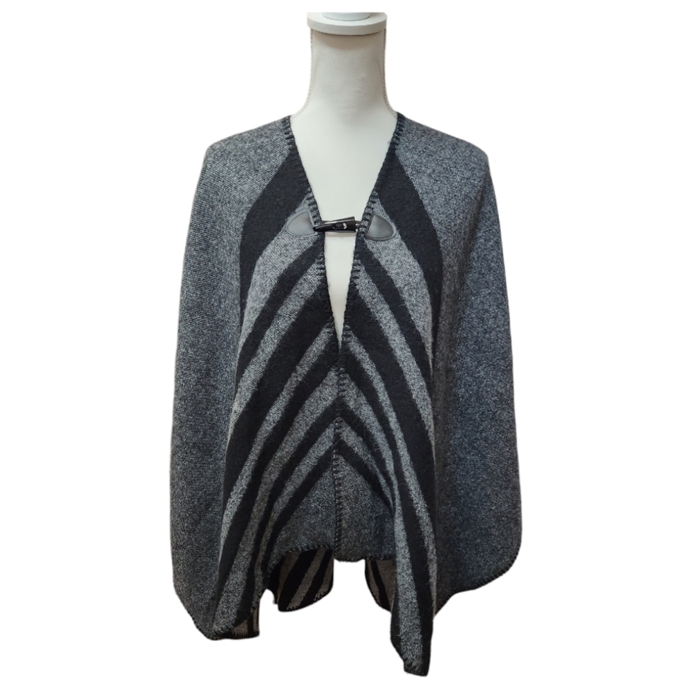 Women's Reversible Black and Gray Striped Chevron Poncho Shrug, One Size